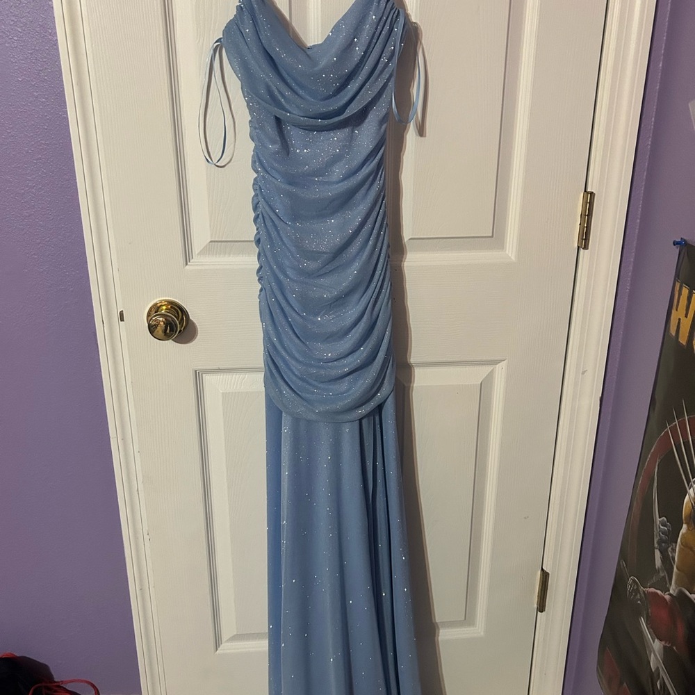 Macy's Blue Ruched Cowl Neck Prom Gown